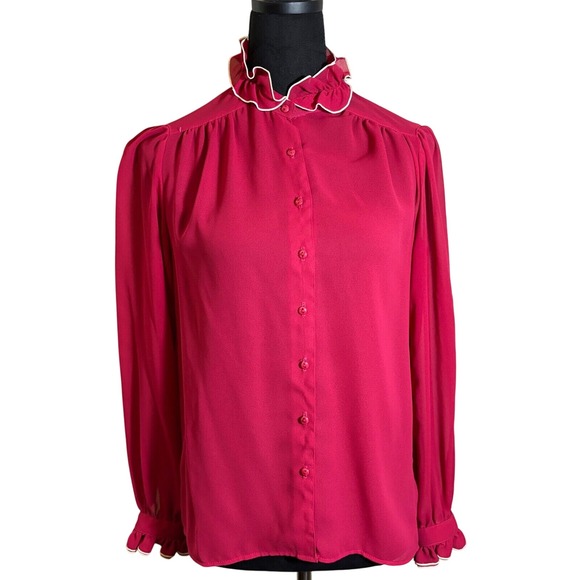 Schrader Sport Ruffle Collar Blouse Vintage Secretary Top Red‎ Size 10 - Picture 1 of 8